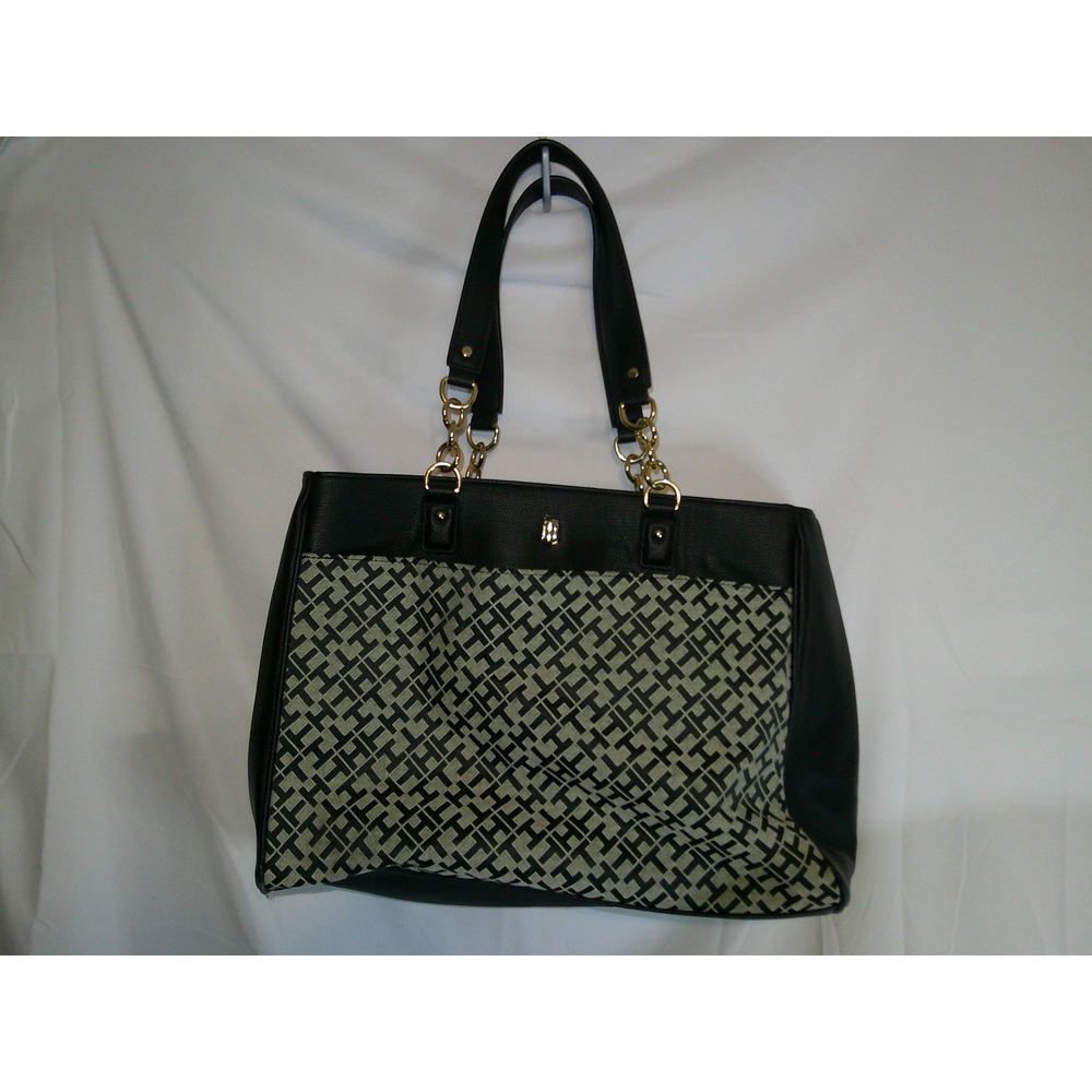Tommy Hilfiger Tote Bag Black Signature Monogram‎ Leather Accents Gold Chain